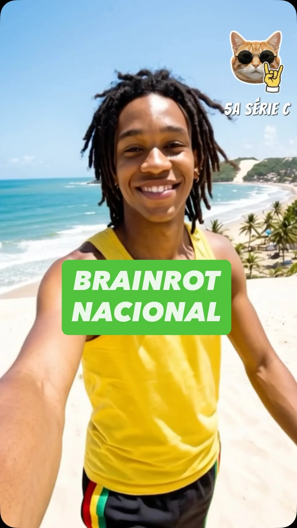 Integrante da banda na praia, com o gato de óculos, na arte Brainrot Nacional